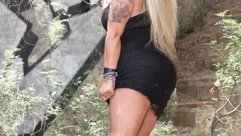 Hot mature with big boobs Alexa Blun doing a strip in the woods  photo 4