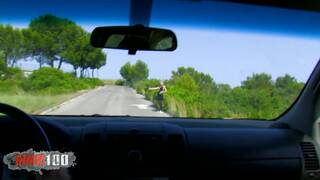 Pee stop in car with french bl