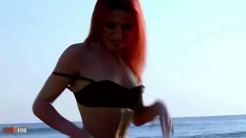 Pornstar petite redhead Angie Kiss removing clothes on the beach  photo 06