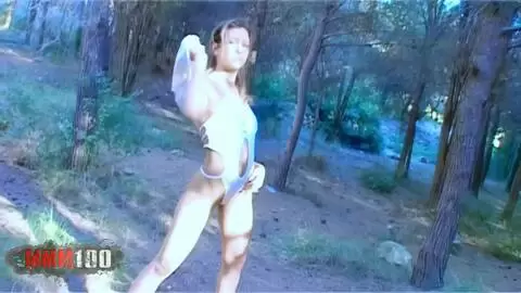 Pretty little blonde Axelle Mugler getting naked in the woods  photo 04