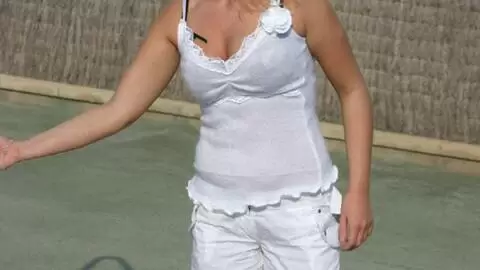 Great blonde with big tits Electra removing clothes at the pool  photo 10