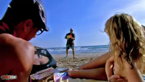 Skinny blonde Evy Sky double penetration at the beach photo 01