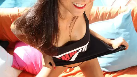 Pornstar brunette Francys Belle doing a strip wearing MMM100 Tshirt  photo 16