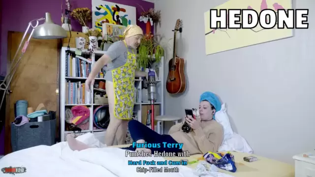 Furious Terry Punishes Hedone with Hard Fuck and Cum in Chip-Filled Mouth