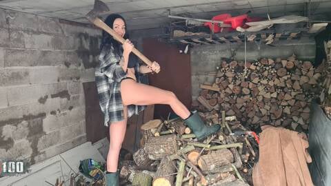 Spanish porn actress Jordan Perry photo shooting with an axe