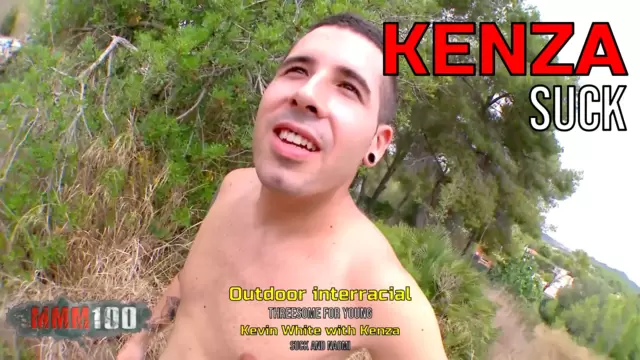 Outdoor interracial threesome for young Kevin White with Kenza Suck and Naomi Lionness