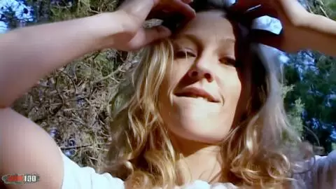 Great blonde Lady Margaux removing clothes in the woods  photo 03