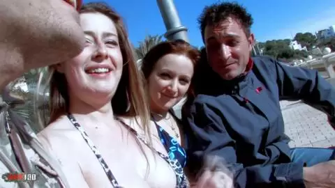 Young brunette Leslie Fox and her friend Savanah in a great outdoor foursome double penetration photo 01