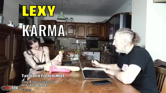 Tattooed French MILF Lexy Karma sucks and fucks Terry in the kitchen