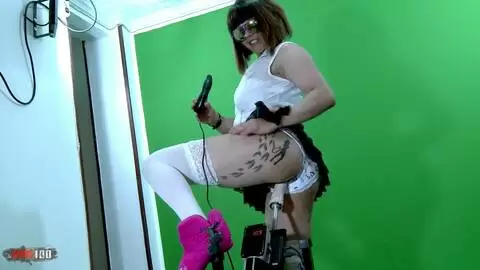 Beautiful busty brunette Penelope del Sol tries out the fucking machine