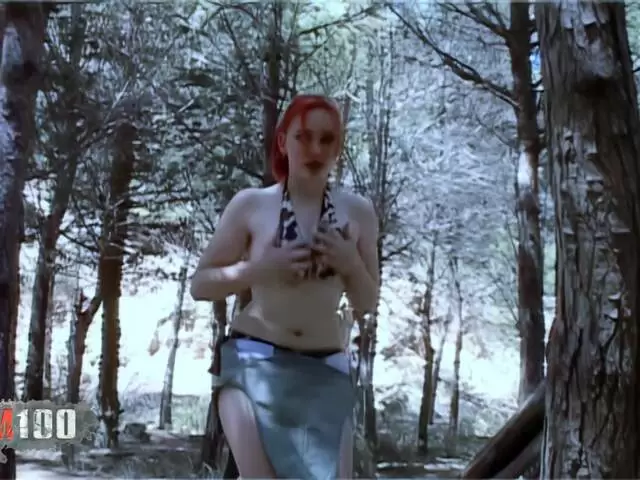 Big tits babe with red hair nude in the forest photo 1