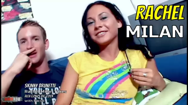 Skinny Brunette Rachel Milan Takes Alex Gonz's Big Cock with Facial