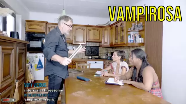 Very vicious interracial threesome in the kitchen with Vampirosa and Paris