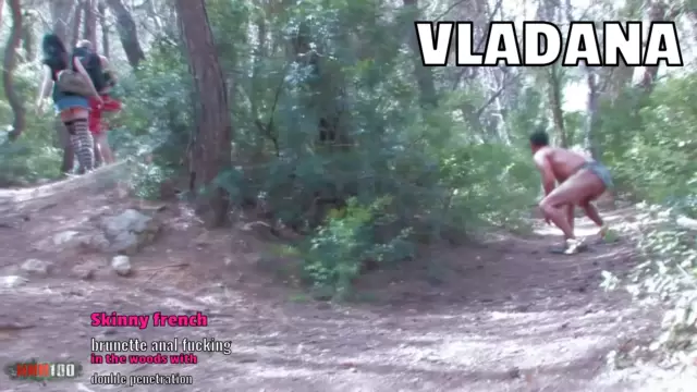 Skinny french brunette anal fucking in the woods with double penetration